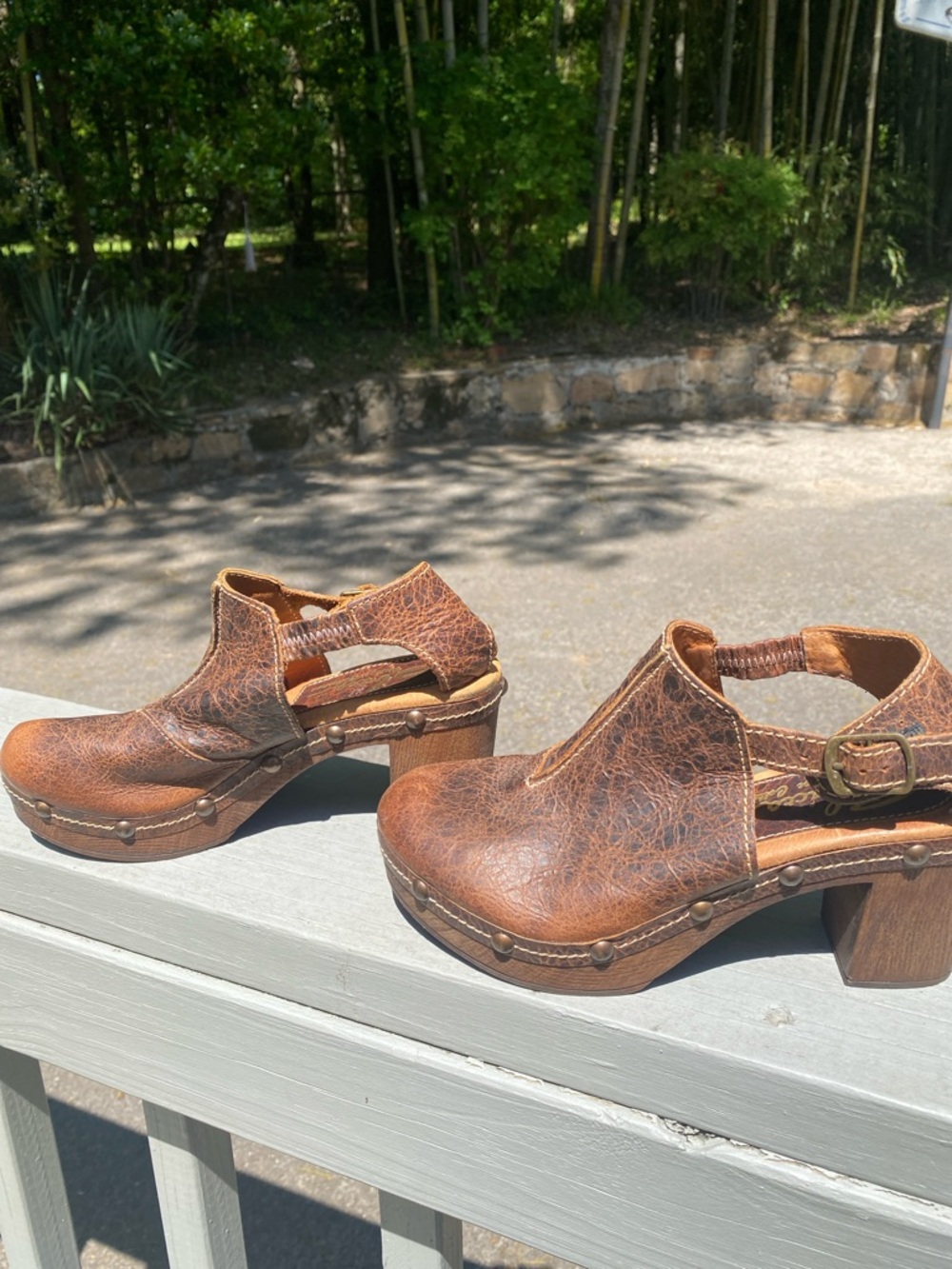 Sbicca Brown Distressed Leather Clog Mules